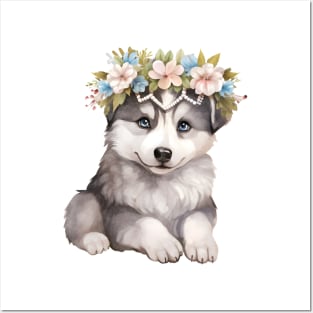 Watercolor Siberian Husky Dog with Head Wreath Posters and Art